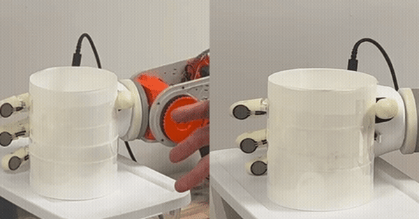 Same teleoperated grasp, force-blind crushes the cup on the left and force-aware holds it on the right